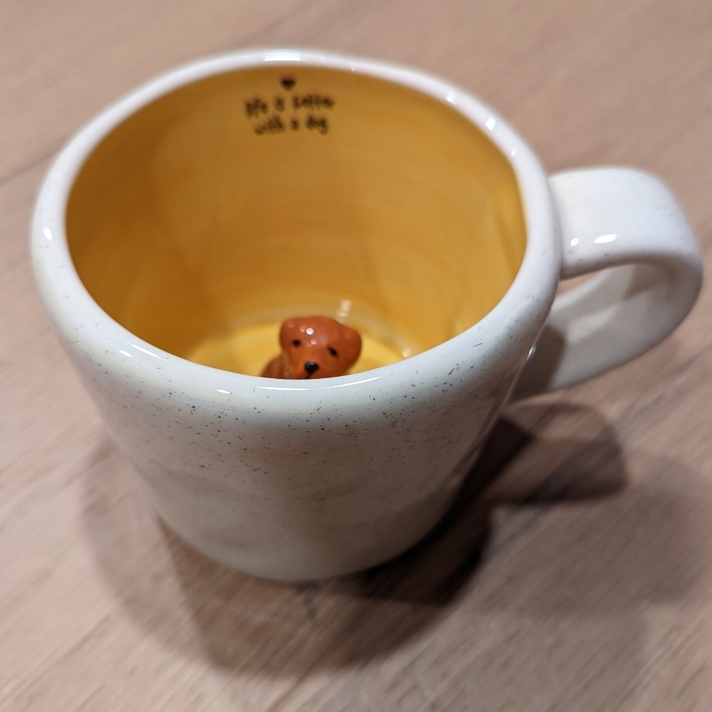 White and Yellow Ceramic Mug with Dog Inside